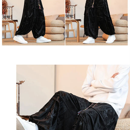 Pantaloni di velluto da uomo autunno inverno retrò drago stampa pantaloni larghi da uomo stile cinese pantaloni casual a gamba larga per uomo taglie forti 5XL