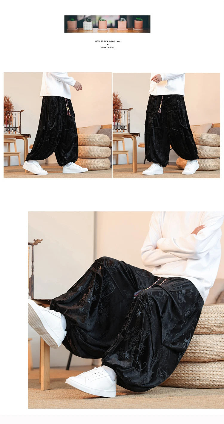 Pantaloni di velluto da uomo autunno inverno retrò drago stampa pantaloni larghi da uomo stile cinese pantaloni casual a gamba larga per uomo taglie forti 5XL