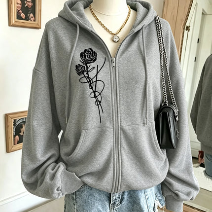 Roses And Positive Short Sentences Printing Zipper Hoodies Women Autumn Korean Hoodie Loose Pocket Sportswear Fleece Clothing
