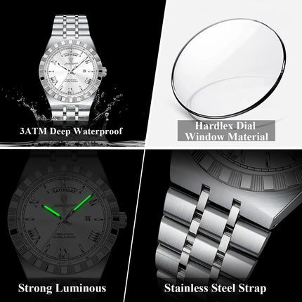 POEDAGAR Fashion Male Clock Luminous Waterproof Week Date Creative Men Watch Stainless Steel Quartz Business Men's Watches Reloj