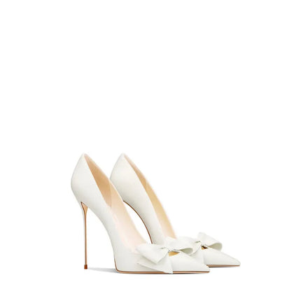 Eleganti scarpe con tacco a spillo a punta con fiocco beige da donna in vera pelle 2025 autunno