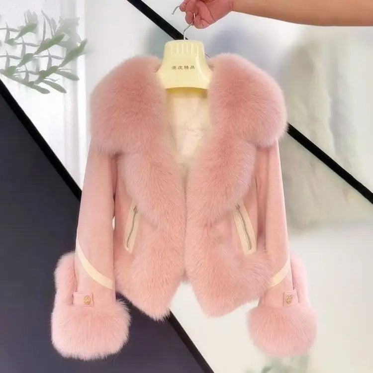 2025 new imitation fox fur coat women autumn winter fashion short Add cotton thick Warm suede overcoat Female slim Outwear T792