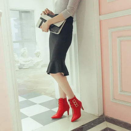 Women Shoes  Boots Spring High Heels Ankle Boots Pointed Toe Buckle  Boots Zip Ladies Shoes White Big Size 2023