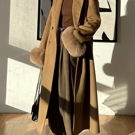 Autumn Winter Korean High-end Real Fox Fur Sleeves Women Black Slim Fit Waist Cinched Double-sided Wool Coat Long Woolen Coat