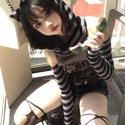 Japanese Gothic Vintage Punk Women Hoodie Striped Patchwork Cat Print Hollow Out Slim Long Sleeve Soft Pullovers 2025 Autumn New