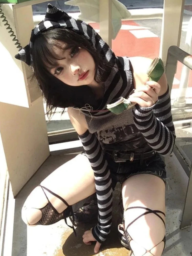 Japanese Gothic Vintage Punk Women Hoodie Striped Patchwork Cat Print Hollow Out Slim Long Sleeve Soft Pullovers 2025 Autumn New