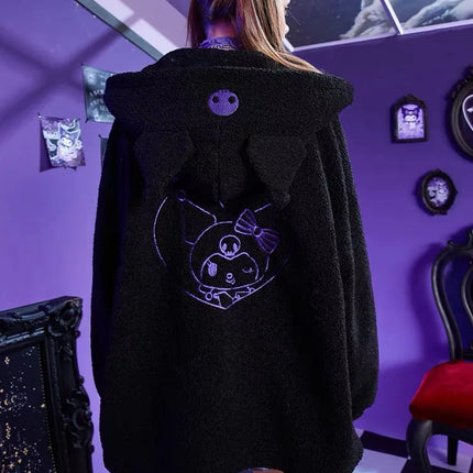 Sanrio Anime Kuromi Clothes Women Black Embroidery Hoodies Y2k Tops Autumn Winter Thin Coat Female Fashion Loose Sweatshirt
