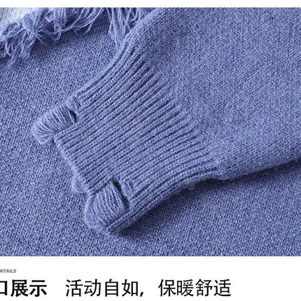 Edgy Star Fringe Knit Sweater – Distressed Lettering Crewneck for Men