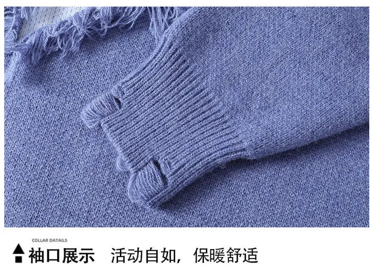 Edgy Star Fringe Knit Sweater – Distressed Lettering Crewneck for Men