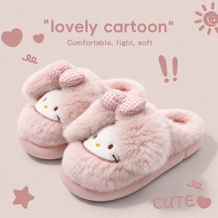 2026 Cute Bow Cat Cartoon Plush Slippers Women Men Winter Warm Thick Sole House Shoes Indoor Fuzzy Comfortable Soft Home Slides