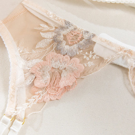 French Style Floral Embroidery Lingerie Set Transparent Hollow Out Bra and Panty Fancy Garter Belt Women Erotic Underwear