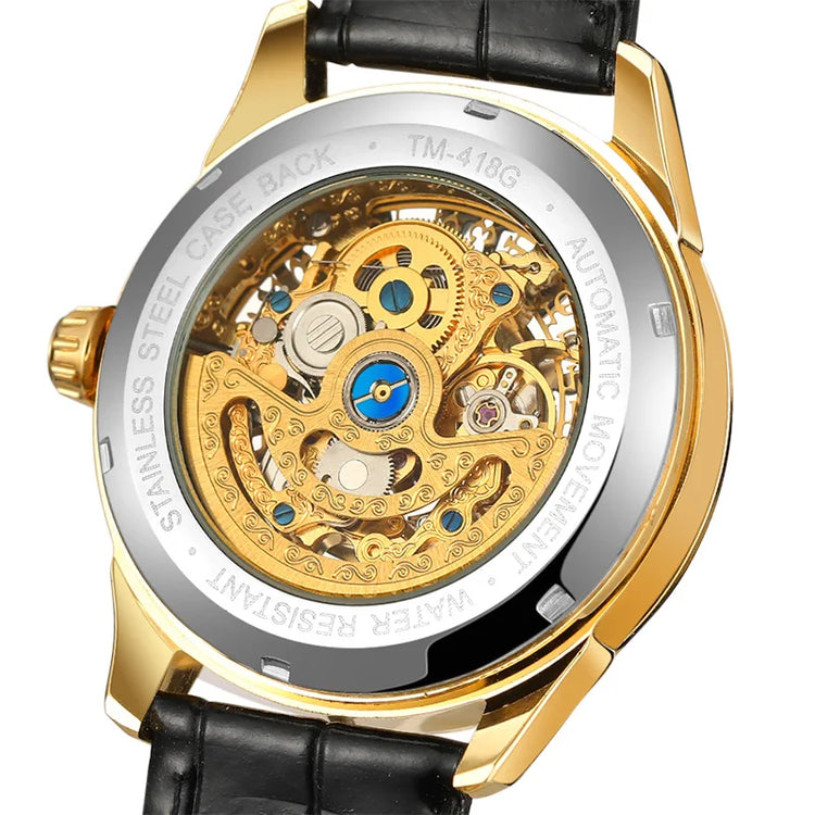 SKROX Original Gold Skeleton Automatic Movement Men's Watch Mechanical Waterproof Male Wrist Watches Leather Strap Luxury Clock