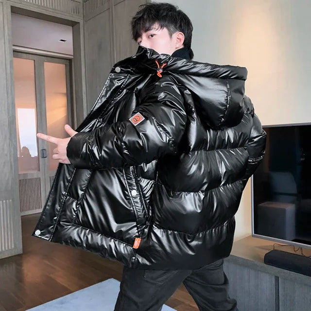 Casual Men's Thickened Parka Windproof Fashion Shiny Coats Men Hood Warm Hip HOP Winter Overcoat Men's Cotton-padded Parkas