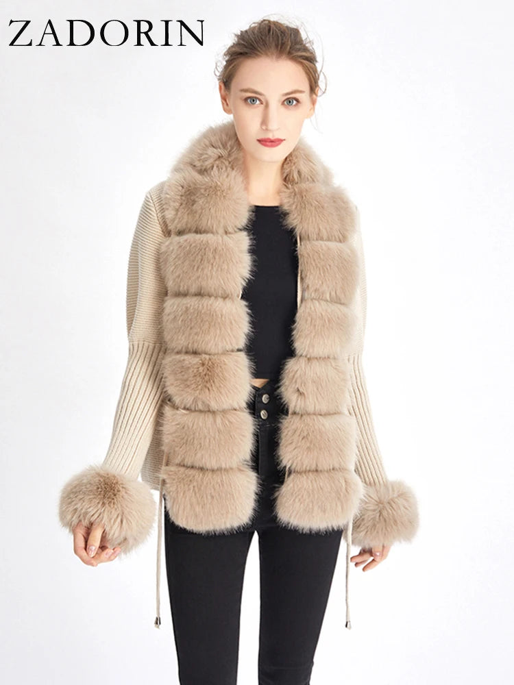 ZADORIN 2026 Chic Fur Cardigan Knitted Sweater Luxury Detachable Faux Fur White Pink Black Sweaters Cardigans Woman Tops Clothes