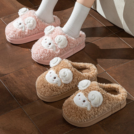 Cute Little Sheep Plush Slippers Women Winter Warm Thick Soft Sole House Shoes Indoor Fuzzy Non-Slip Comfortable Home Slides
