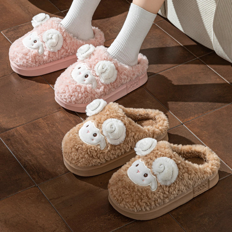 Cute Little Sheep Plush Slippers Women Winter Warm Thick Soft Sole House Shoes Indoor Fuzzy Non-Slip Comfortable Home Slides