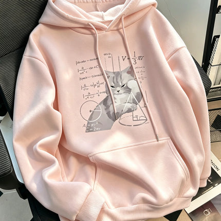 Women's casual hooded long-sleeved pullover with "Cat and Mathematical Formula" print. Loose fit sweatshirt hoodie hoodies