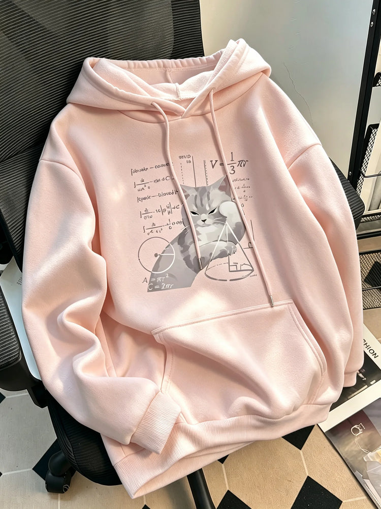Women's casual hooded long-sleeved pullover with "Cat and Mathematical Formula" print. Loose fit sweatshirt hoodie hoodies