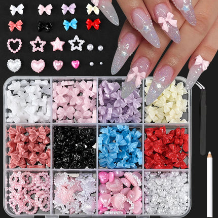 1 Box Pink White Series Bow Heart Nail Charms 3D Arcylic Nail Art Decorations Pearl 5-petal Flower Jewelry Manicure Accessories*