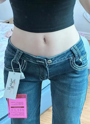 2025 Vintage High Street Jeans a vita bassa Donna Estate All-Match Gamba larga Y2K Pantaloni in deni