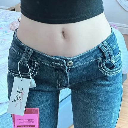 2025 Vintage High Street Jeans a vita bassa Donna Estate All-Match Gamba larga Y2K Pantaloni in denim Pantaloni svasati slim fit sexy femminili
