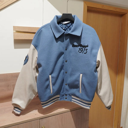 Men's Pilot Jacket Outerwear Collar Patchwork Cotton Blend Warmth Flap Closure Loose Fit Long Sleeve Winter Youth Fashion