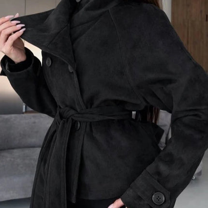 Elegant Suede Women Jacket Turn Down Collar Double Breasted Belt Waist Slim Jackets 2026 Autumn Winter Female Fashion Tops