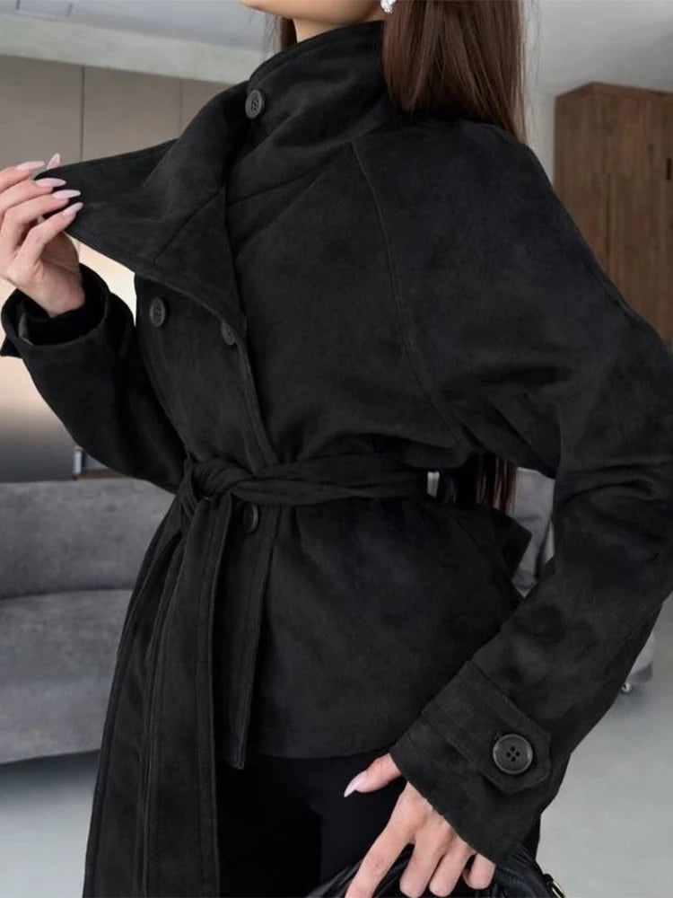 Elegant Suede Women Jacket Turn Down Collar Double Breasted Belt Waist Slim Jackets 2026 Autumn Winter Female Fashion Tops