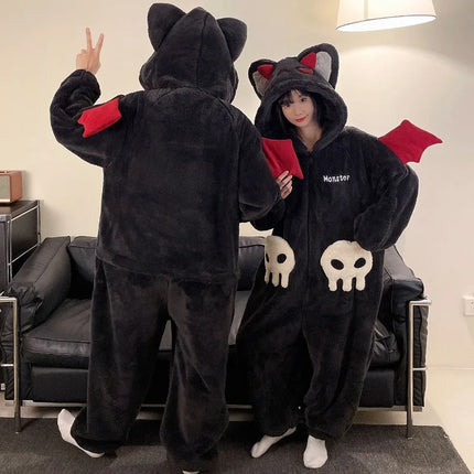 Cartoon Devil Pajamas Couples Women Men Onesie Sleepwear Winter Thicken Hooded Loungewear Coral Fleece Homewear Pijama Disfraz