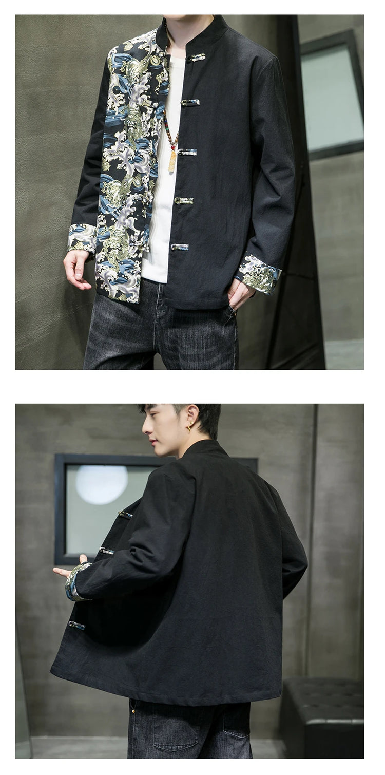 Camicie da uomo ricamate 2026 primavera stile cinese retrò colletto alla coreana giacca in cotone e lino cardigan da uomo Kungfu allentato casual Top