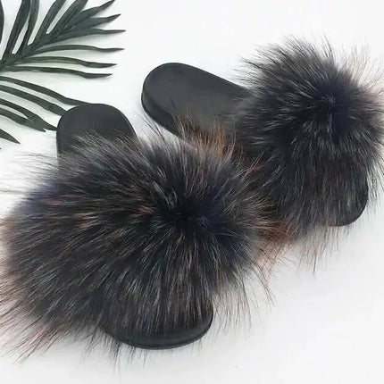 Real Raccoon Fur Slippers for Women 2023 Summer Fluffy Indoor Home Fuzzy Flat Slides Outdoor Fashion Beach Sandals Flip Flops