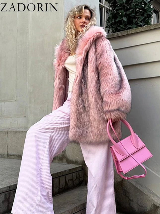 ZADORIN Luxury Winter Fur Coats Woman Plush Long Faux Fur Coat Lapel Fluffy Pink Fur Jacket Woman Fur Faux Coat Loose Outerwear