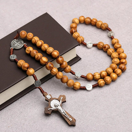 Collana con croce di rosario con perline di legno da 10 mm per donna uomo cristiano Vergine Maria INRI catena con ciondolo gioielli religiosi di moda PlatiNum