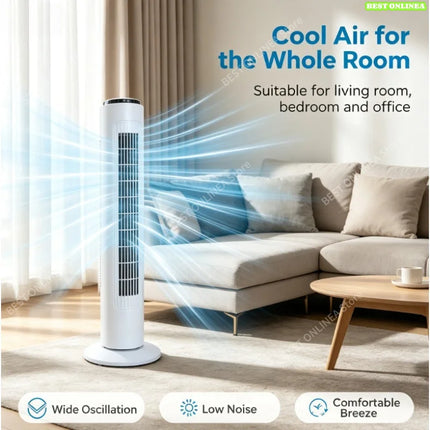 Ventilatore a torre silenzioso con telecomando, oscillante a 3 velocità 75 °   Ventilatore a Torre Oscillante con Timer e Controllo Superiore, Ventilatore a Torre Senza Pale Salvaspazio per Casa e Ufficio