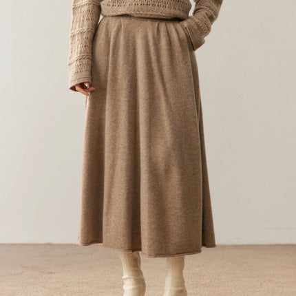 Women's 100% Pure Cashmere Skirt Autumn Winter Mid-calf A-line Knitted Full Skirt High Waist Soild Dress Elegant Basic High-end PlatiNum