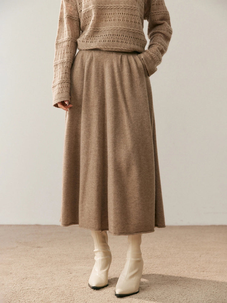 Women's 100% Pure Cashmere Skirt Autumn Winter Mid-calf A-line Knitted Full Skirt High Waist Soild Dress Elegant Basic High-end PlatiNum