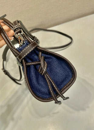 Borsa a secchiello mini in denim e pelle con coulisse, mini borsa a mano di lusso multiuso