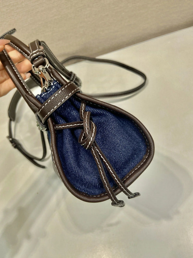 Borsa a secchiello mini in denim e pelle con coulisse, mini borsa a mano di lusso multiuso