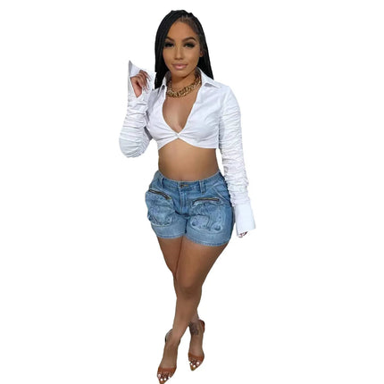 Cargo Jean Women Denim Shorts Solid Jean Spliced Pockets High Waist Distressed Washed Slim Casual Summer Zipper Fly 2026 PlatiNum