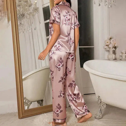 Pigiama da donna elegante pigiameria in raso Pj Set stampa floreale bottoni manica corta risvolto top e pantaloni lunghi indumenti da notte vestiti per la casa platinumshop