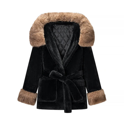 Casual Patchwork Faux Fur Collar Women's Coat Lace Up Pockets Thicken Lady Coats 2026 Autumn Winter Female Street Outerwear