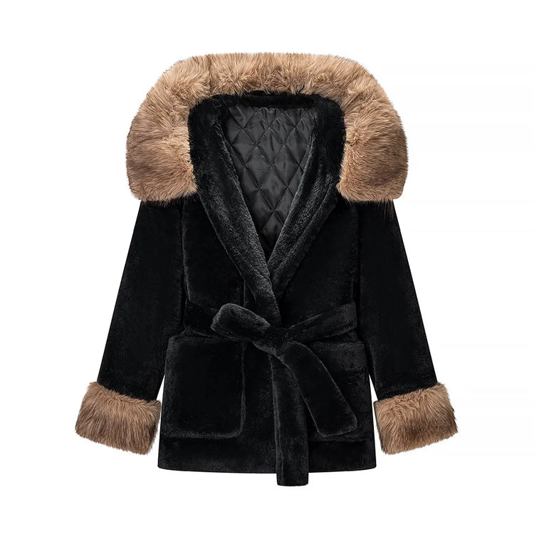 Casual Patchwork Faux Fur Collar Women's Coat Lace Up Pockets Thicken Lady Coats 2026 Autumn Winter Female Street Outerwear