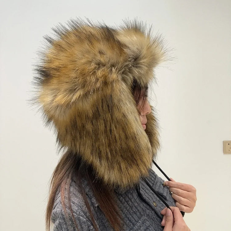 Y2K Fluffy Popular Russian Female Round Earflap Cap Faux Fur Winter Warm Hat For Women Faux Fox Raccoon Fur Beanies Bomber Gorra
