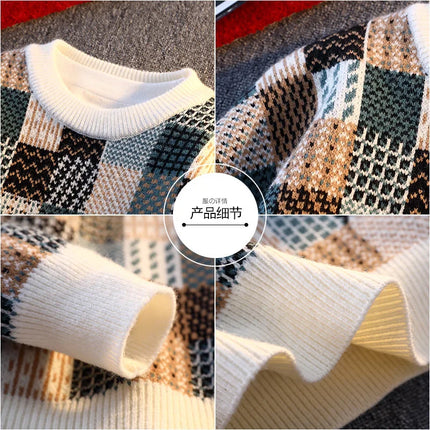 New Fashion Men Plaid Pullover Winter Sweaters Outwear Loose Casual Knitted Sweaters Male O-neck Pullovers Sweatercoats Size 4XL
