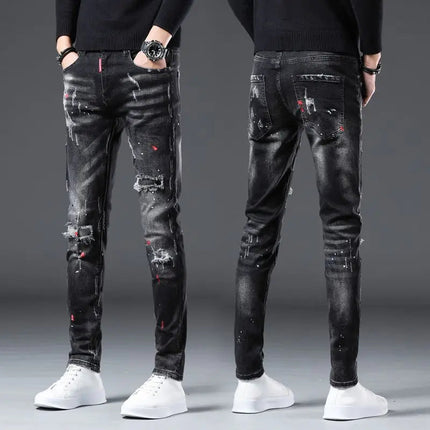 New Arrival Spring Autumn Denim Jeans for Men Slim Distressed Ripped Pants Paint Splatter Design Streetwear Luxury Slim Jeans PlatiNum