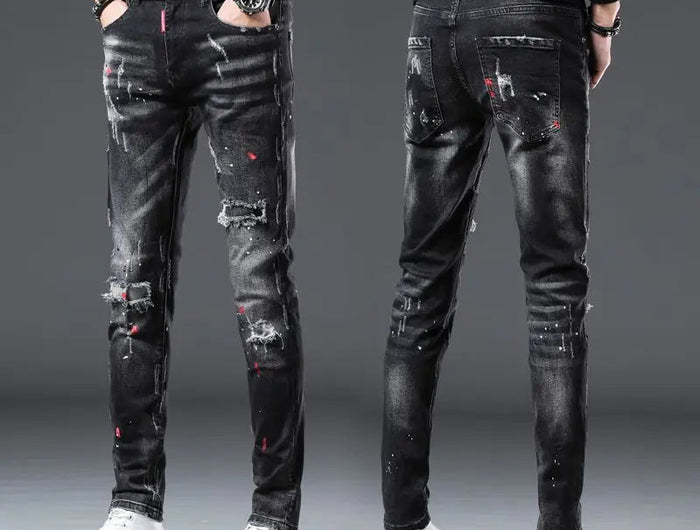 New Arrival Spring Autumn Denim Jeans for Men Slim Distressed Ripped Pants Paint Splatter Design Streetwear Luxury Slim Jeans PlatiNum