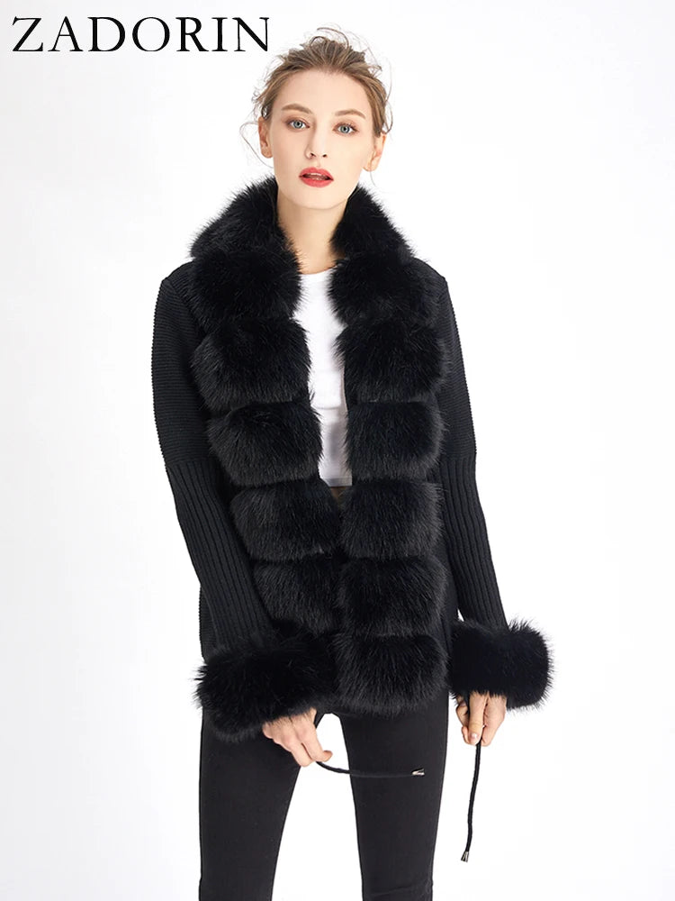 ZADORIN Autumn Winter Women Faux Fur Coat Luxury Knitted Sweater Fur Cardigan Detachable Collar White Pink Jacket Faux Fur Coats