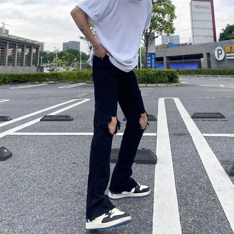 American High Street Zipper Ripped Raw Edge Black Jeans Men's fashion Loose Straight Leg Long Pants Casual Streetwear Jean PlatiNum