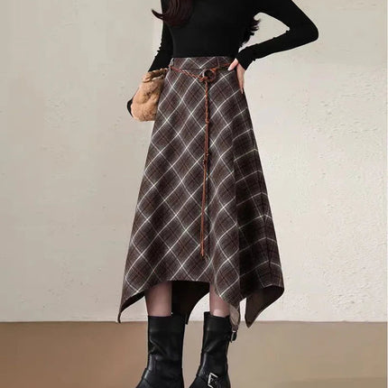 Women Faux Woolen Plaid Long Skirts Korean Vintage Belt Loose High Waist A Line Skirt Casual Fall Winter Irregular Retro Skirts PlatiNum
