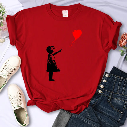 Fly Amore Ballons Imprimés T-shirt Femme Doux et Respirant Manches Courtes Street Hip Hop Tendance Tops Décontractés T-shirt Féminin Vêtements